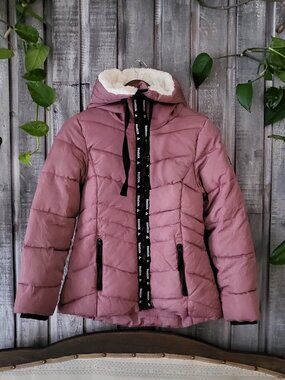 Reebok Dusty Rose Hooded Puffer Jacket Sherpa Lined Size XS Fits Small